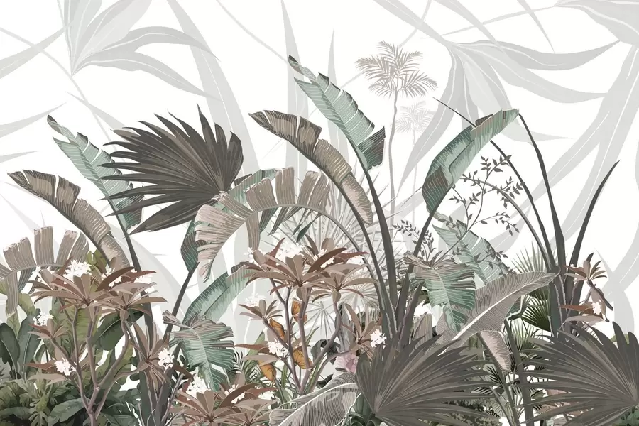 wall murals Tropical textured leaves with flowers, palm trees , plumeria flowers, pastel colors, white background, jungle w09488