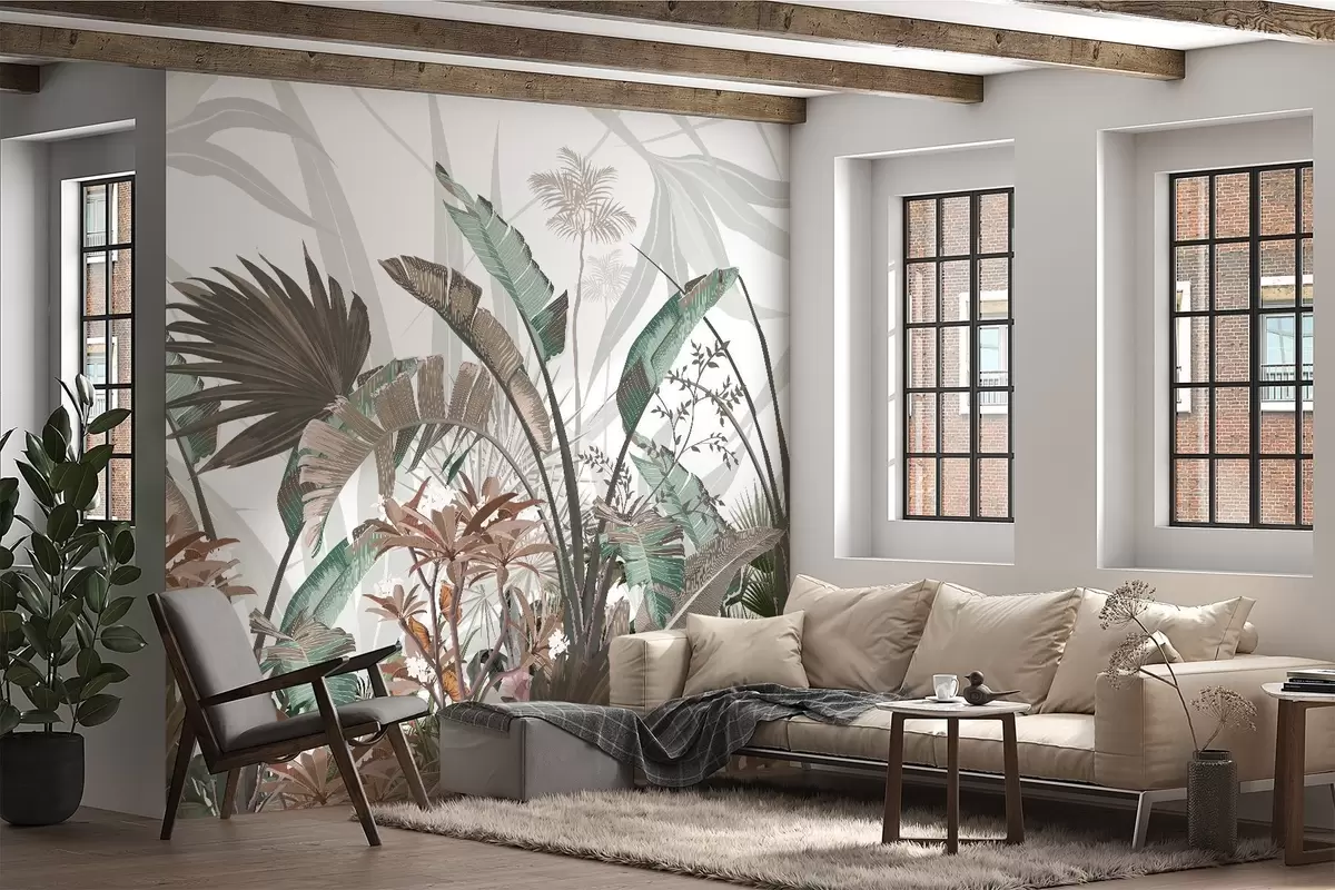 wall murals Tropical textured leaves with flowers, palm trees , plumeria flowers, pastel colors, white background, jungle w09488
