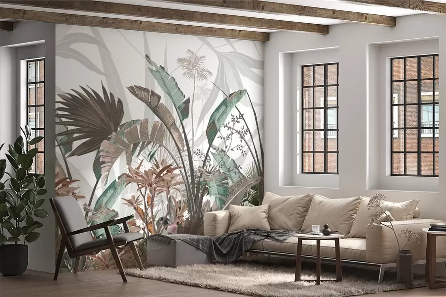 wall murals Tropical textured leaves with flowers, palm trees , plumeria flowers, pastel colors, white background, jungle w09488