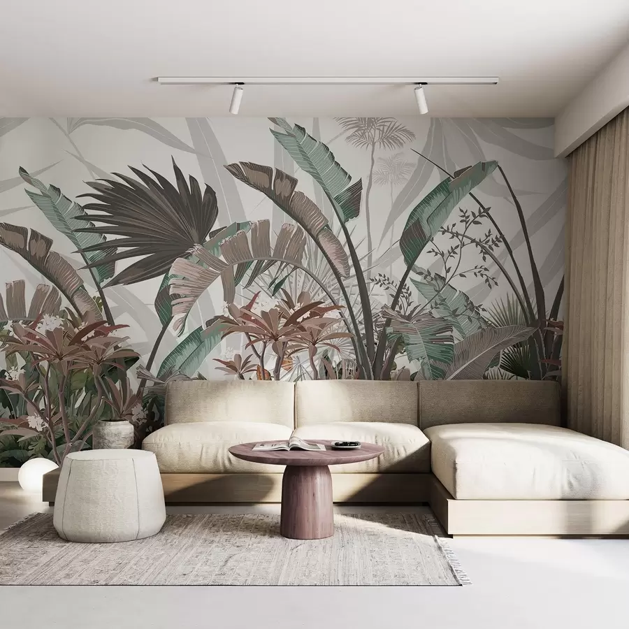Wall murals Tropical textured leaves with flowers, palm trees , plumeria flowers, pastel colors, white background, jungle w09488 buy UK - Uwalls.co.uk wall murals Tropical textured leaves with flowers, palm trees , plumeria flowers, pastel colors, white background, jungle w09488