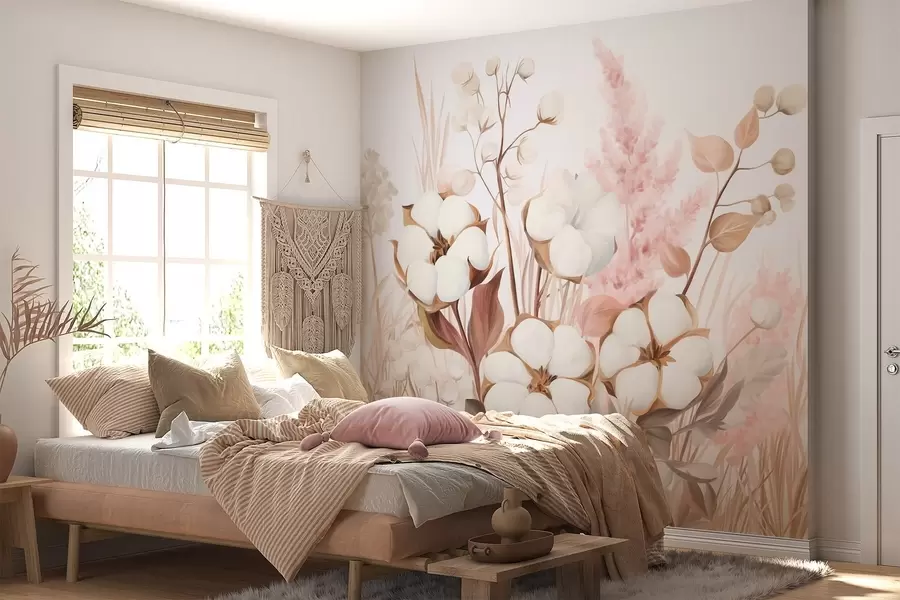 wall murals Cotton textured flowers with white and pink pampas grass, beige and brown leaves and herbs, white background w09489