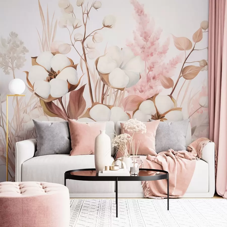 Wall murals Cotton textured flowers with white and pink pampas grass, beige and brown leaves and herbs, white background w09489 buy UK - Uwalls.co.uk wall murals Cotton textured flowers with white and pink pampas grass, beige and brown leaves and herbs, white background w09489