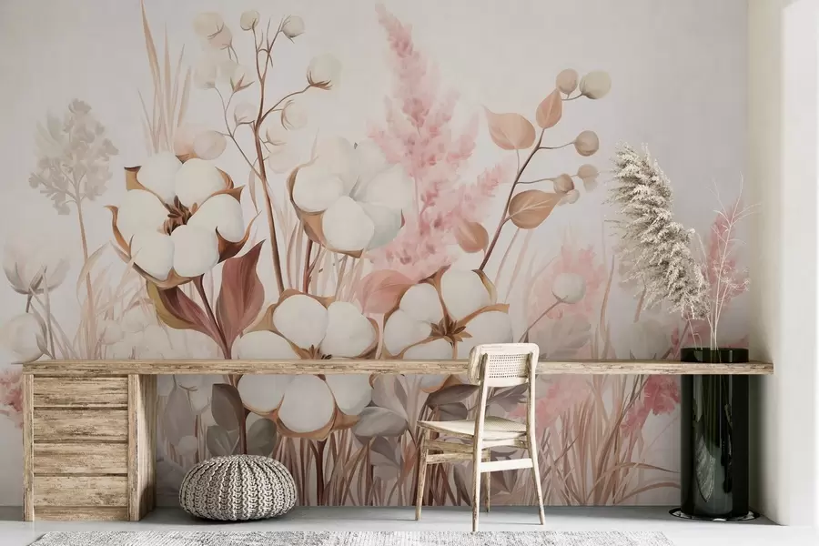 wall murals Cotton textured flowers with white and pink pampas grass, beige and brown leaves and herbs, white background w09489