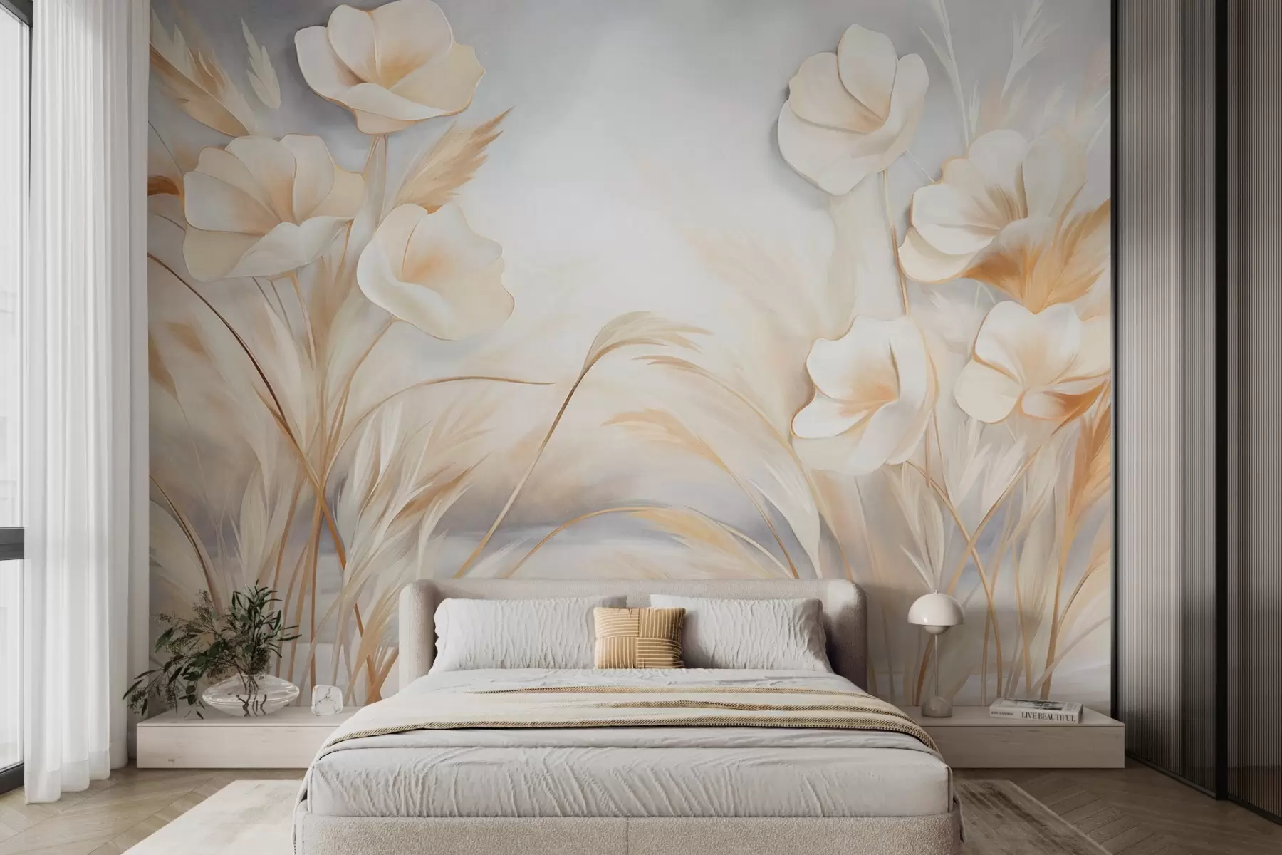 wall murals White flowers, beige reeds and pampas grass, textured, elegant, minimalist style, landscape abstract background w09490
