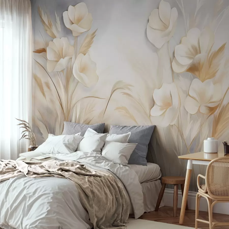 Wall murals White flowers, beige reeds and pampas grass, textured, elegant, minimalist style, landscape abstract background w09490 buy UK - Uwalls.co.uk wall murals White flowers, beige reeds and pampas grass, textured, elegant, minimalist style, landscape abstract background w09490