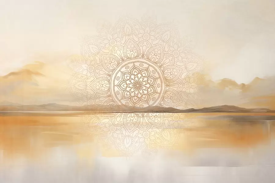 wall murals Textured symmetrical mandala design overlaying a landscape with a sea, hills and sky, soft pastel colors w09491