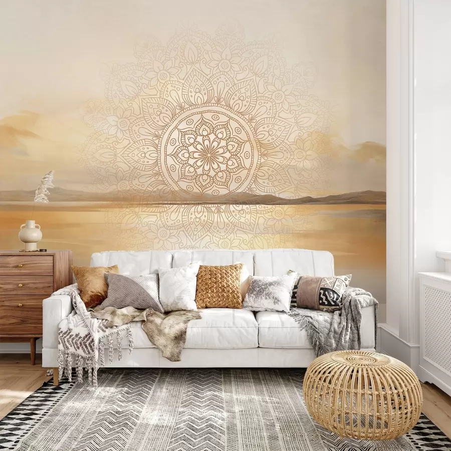 Wall murals Textured symmetrical mandala design overlaying a landscape with a sea, hills and sky, soft pastel colors w09491 buy UK - Uwalls.co.uk wall murals Textured symmetrical mandala design overlaying a landscape with a sea, hills and sky, soft pastel colors w09491