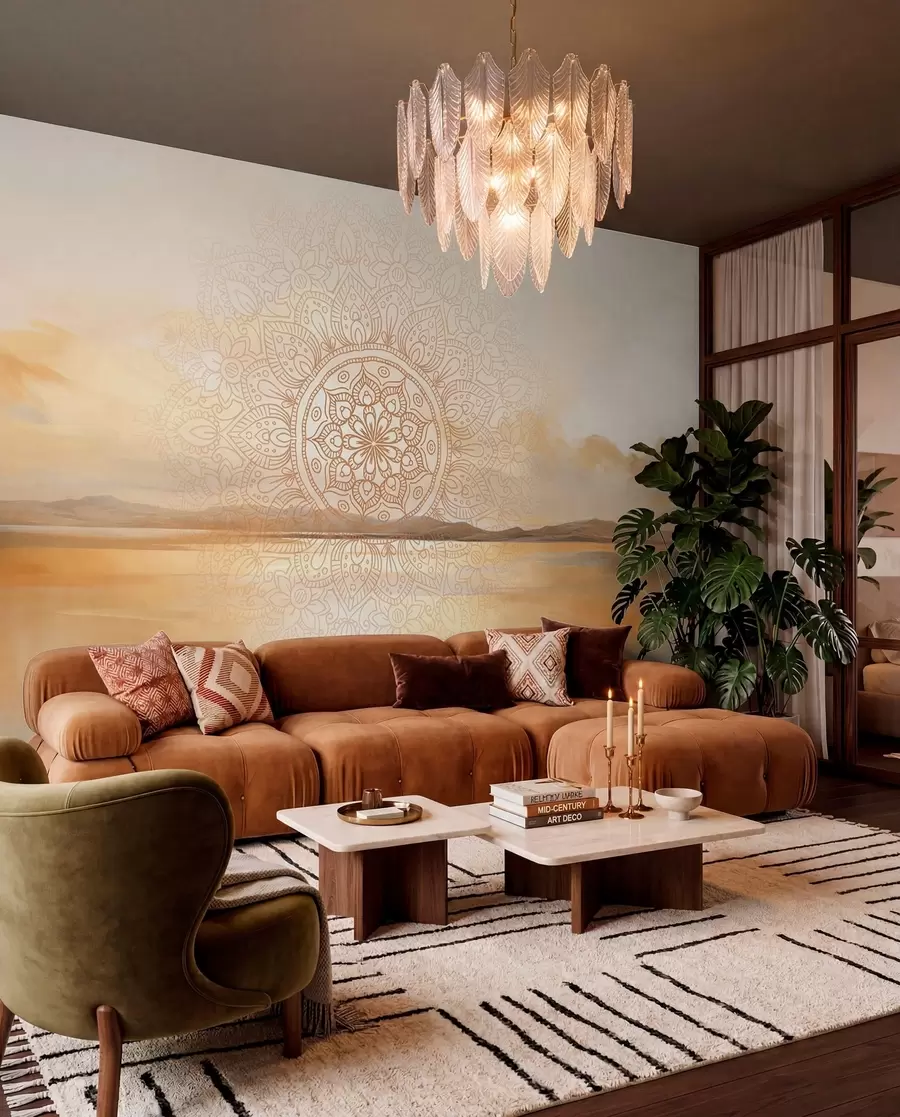 wall murals Textured symmetrical mandala design overlaying a landscape with a sea, hills and sky, soft pastel colors w09491