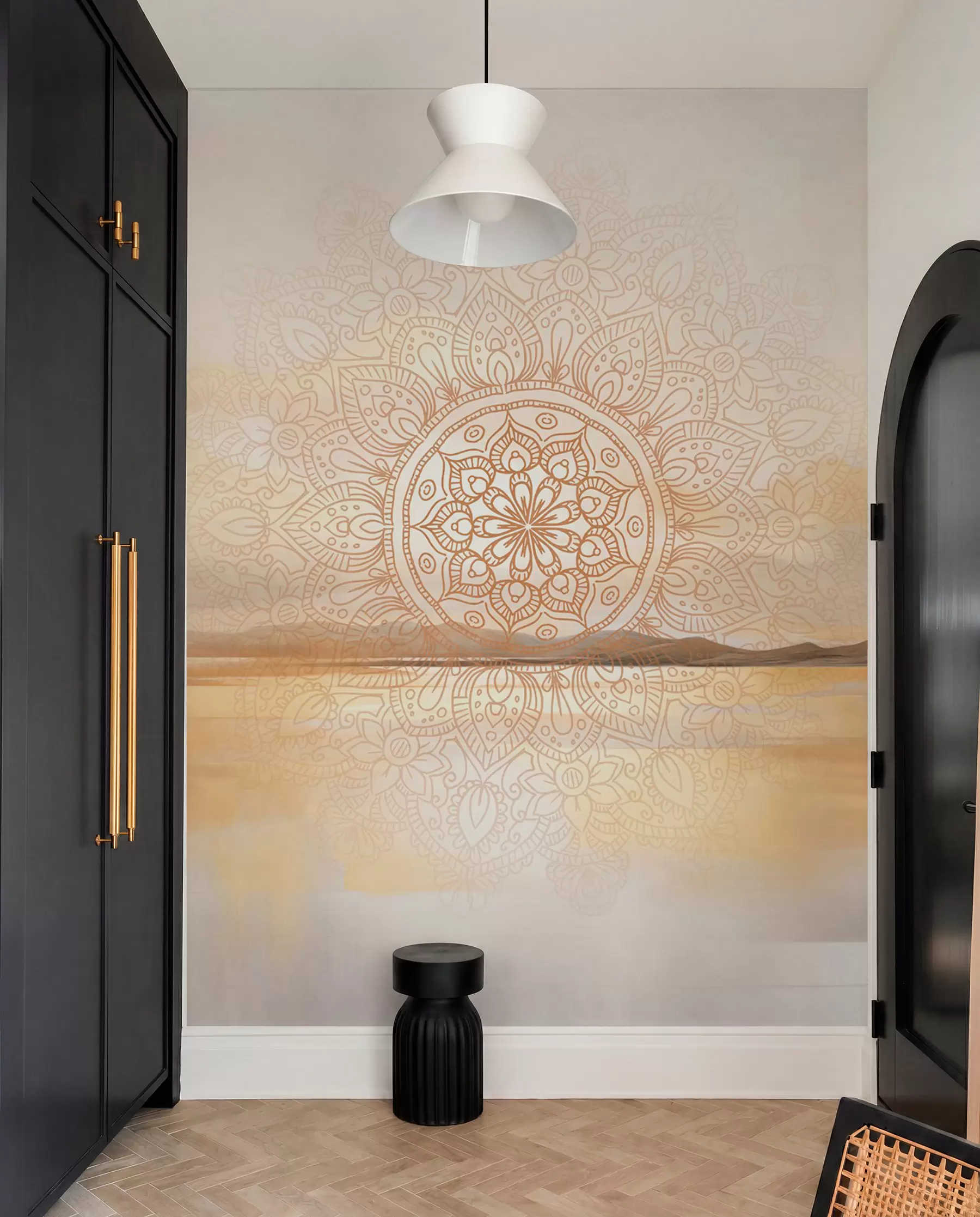 wall murals Textured symmetrical mandala design overlaying a landscape with a sea, hills and sky, soft pastel colors w09491
