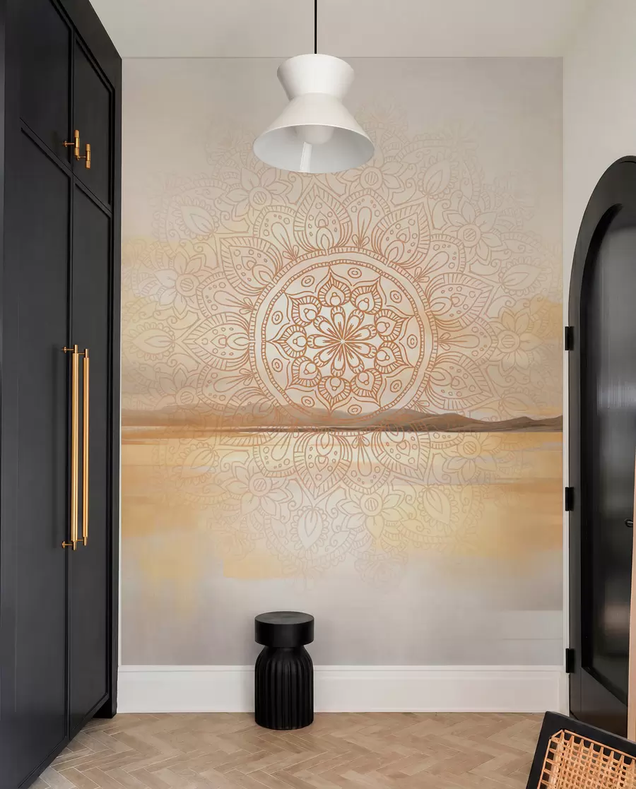 wall murals Textured symmetrical mandala design overlaying a landscape with a sea, hills and sky, soft pastel colors w09491