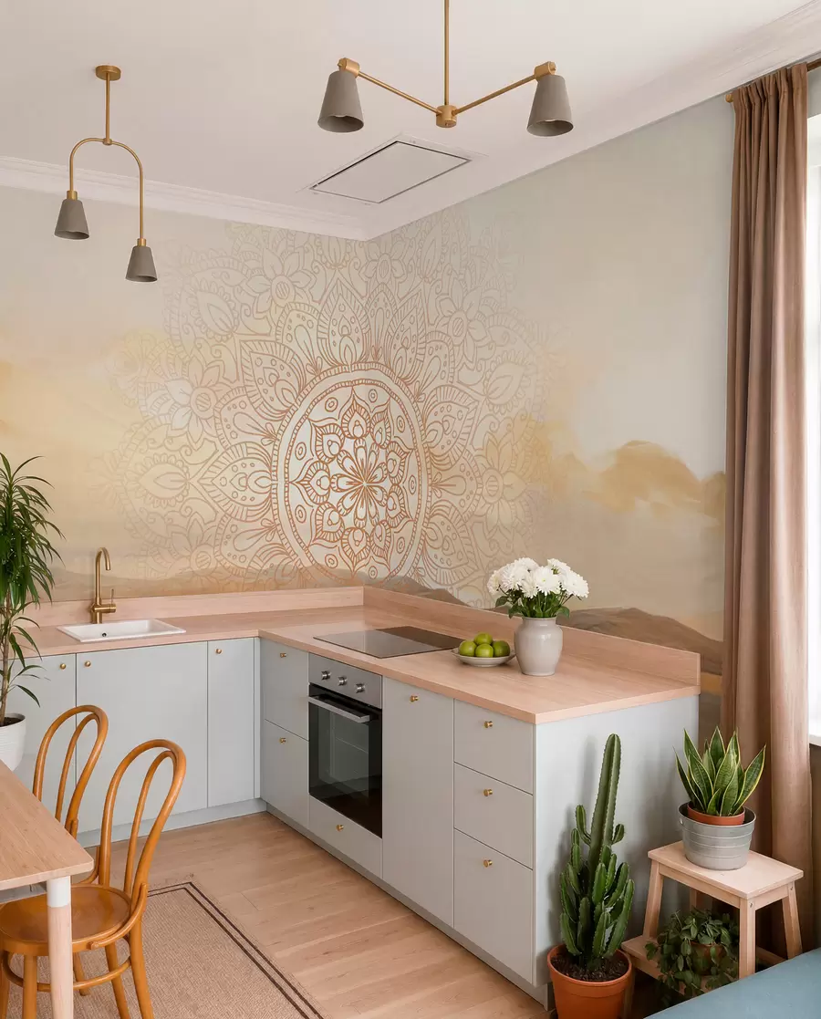 wall murals Textured symmetrical mandala design overlaying a landscape with a sea, hills and sky, soft pastel colors w09491