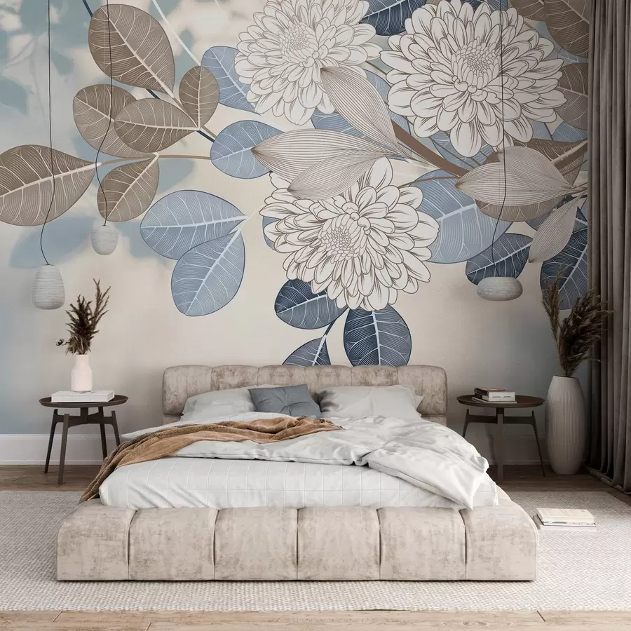 Wall murals White flowers with blue and brown leaves, light blue textured background, floral arrangement , detailed line art w09496 buy UK - Uwalls.co.uk wall murals White flowers with blue and brown leaves, light blue textured background, floral arrangement , detailed line art w09496