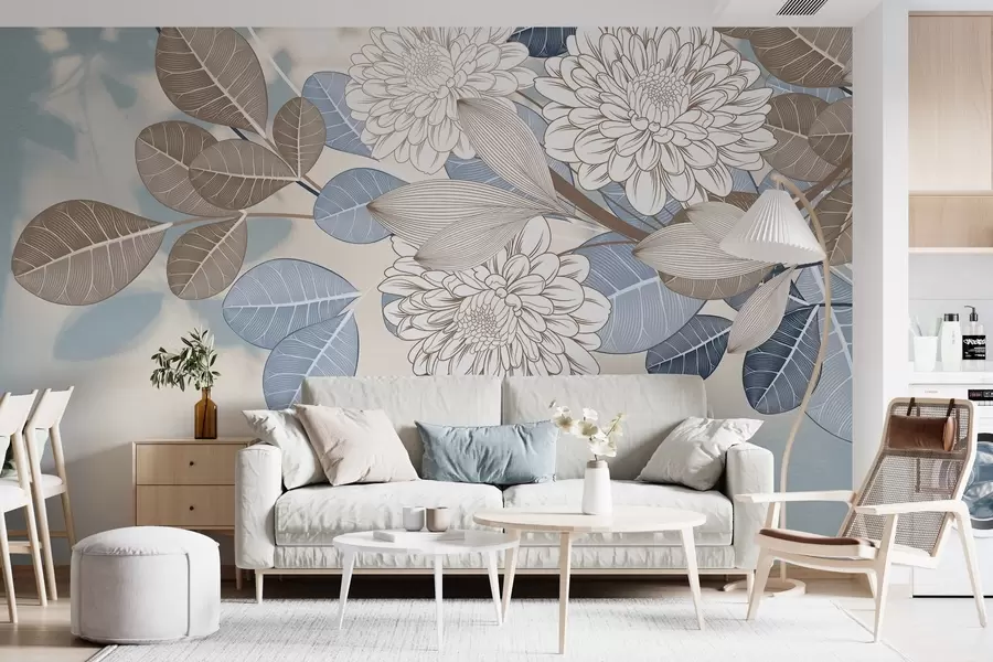 wall murals White flowers with blue and brown leaves, light blue textured background, floral arrangement , detailed line art w09496