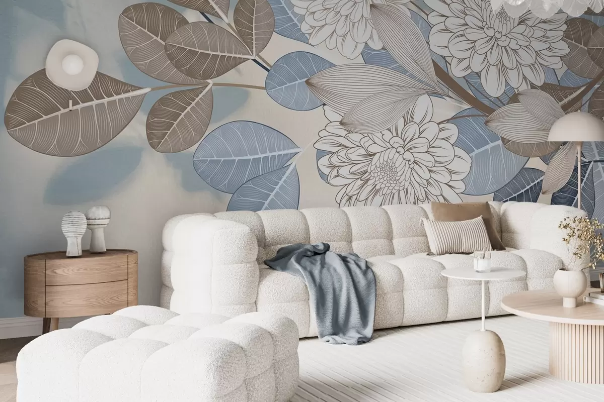 wall murals White flowers with blue and brown leaves, light blue textured background, floral arrangement , detailed line art w09496