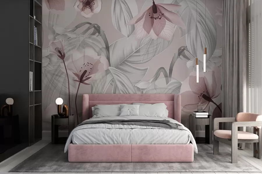 wall murals Pink flowers and grey leaves, floral botanical background, elegant design, soft colors, light delicate details w09497