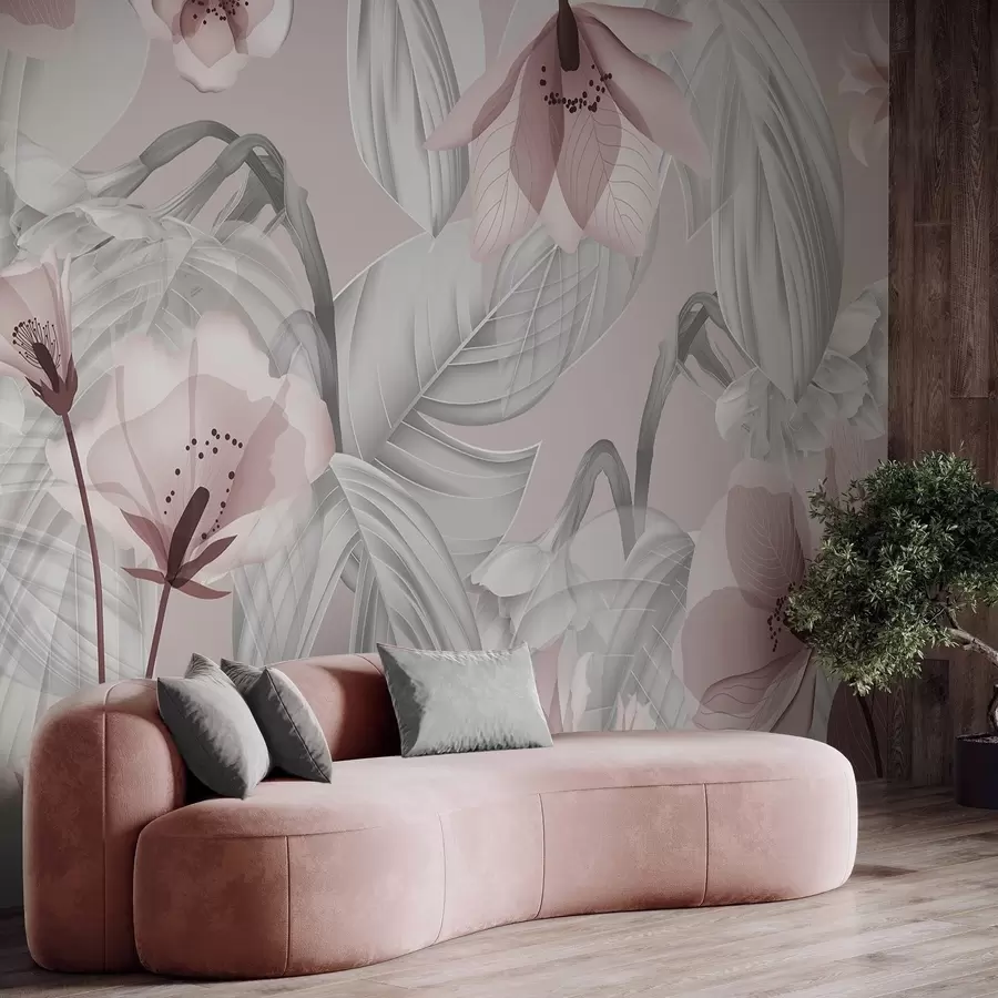 Wall murals Pink flowers and grey leaves, floral botanical background, elegant design, soft colors, light delicate details w09497 buy UK - Uwalls.co.uk wall murals Pink flowers and grey leaves, floral botanical background, elegant design, soft colors, light delicate details w09497