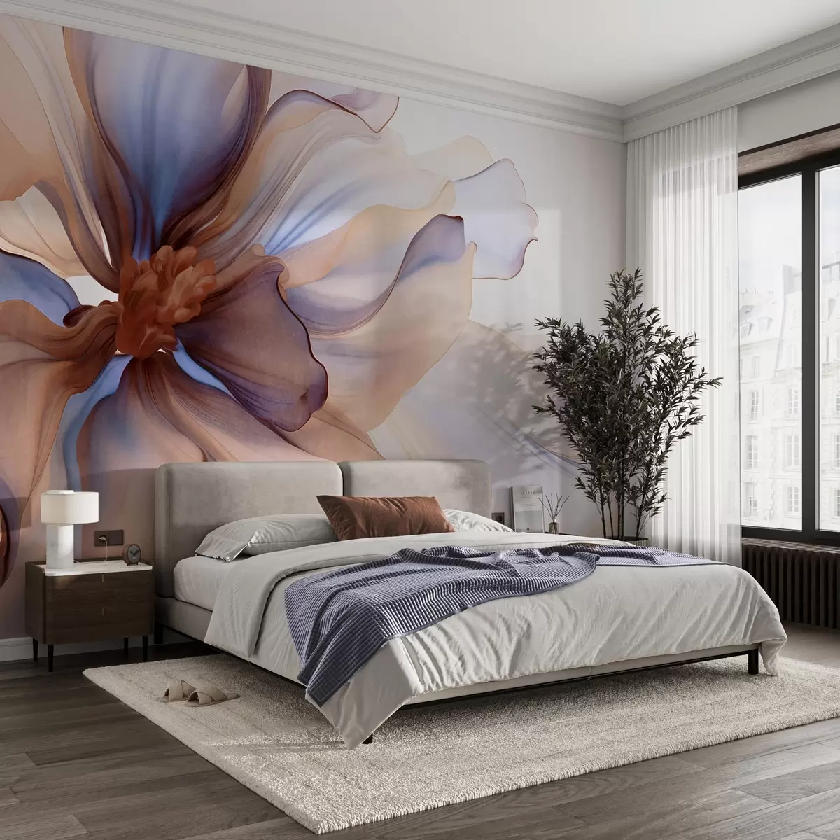 wall murals Detailed large textured flower with white, blue and brown petals, on white background w09498