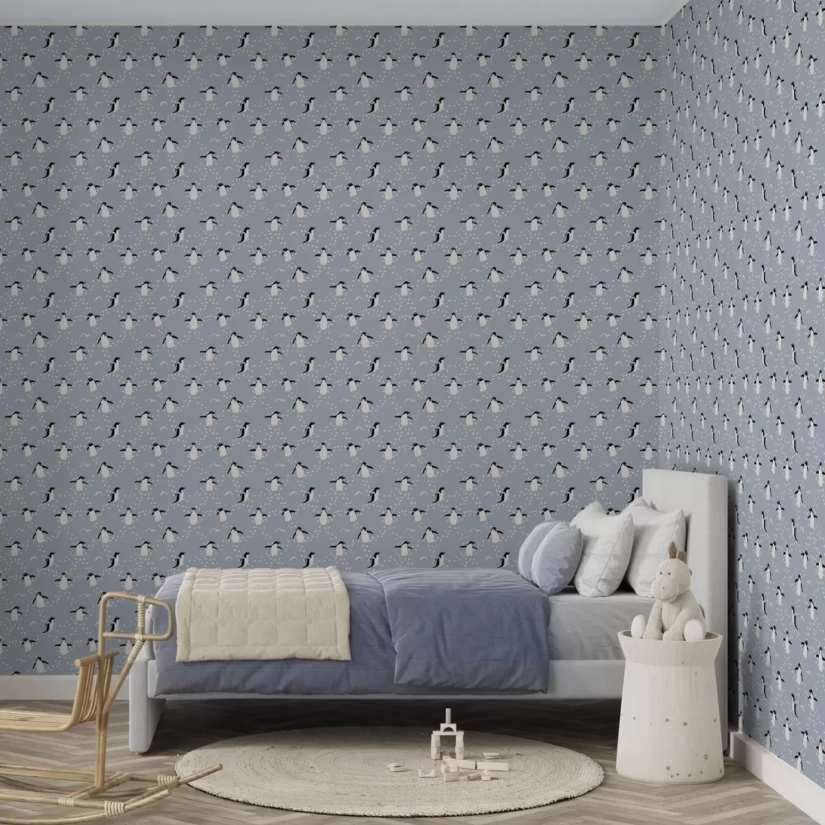 Wallpaper Penguins on gray-blue with footprints a00655