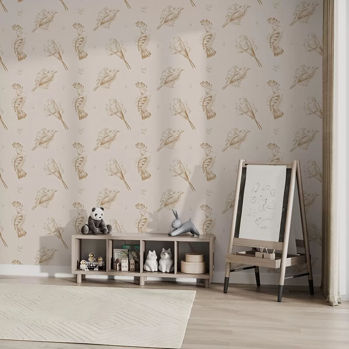 Wallpaper Bird toile: sketch birds on warm beige a00656v3