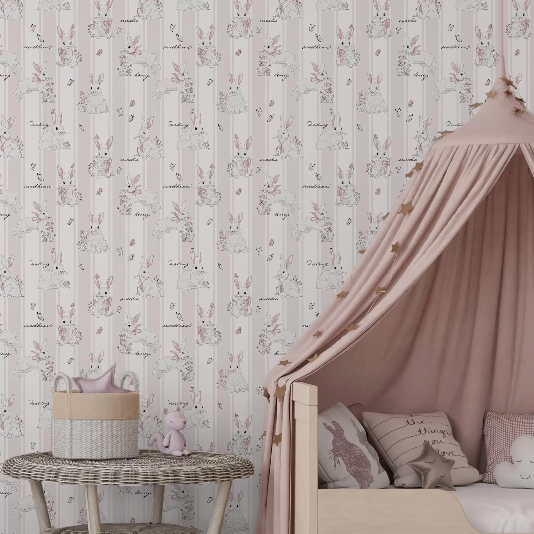wall murals Bunnies with bows, pink stripes and small scripts a00657