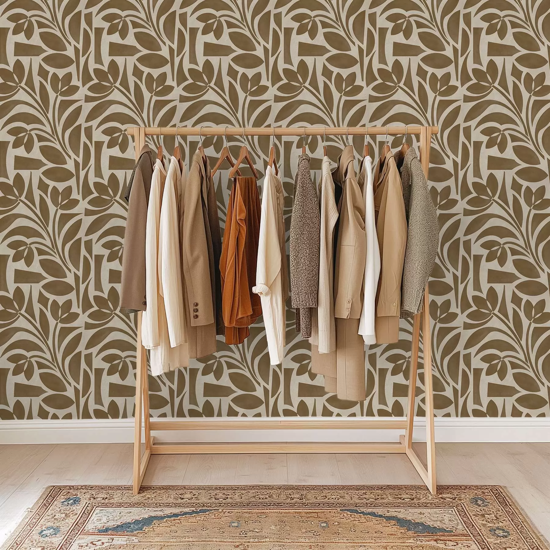 wall murals Geometric leaf silhouettes, caramel-brown on beige a00679