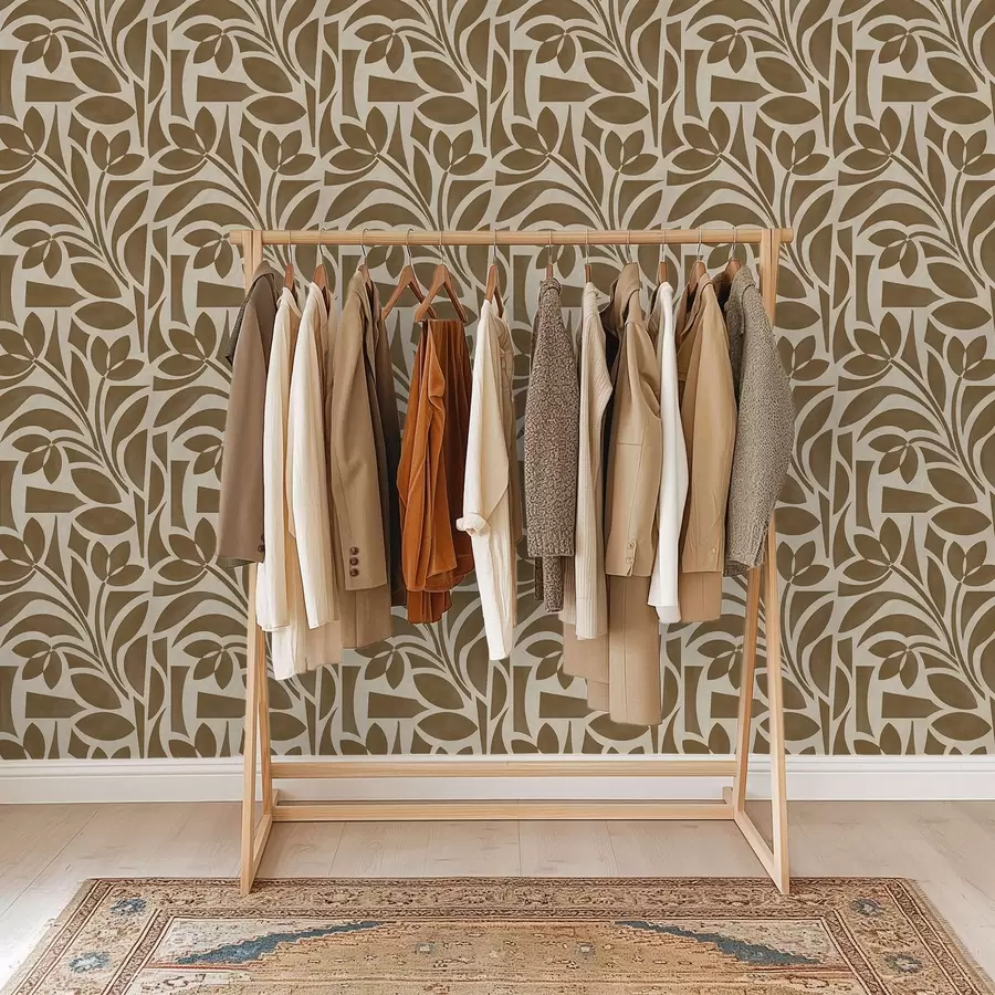 wall murals Geometric leaf silhouettes, caramel-brown on beige a00679
