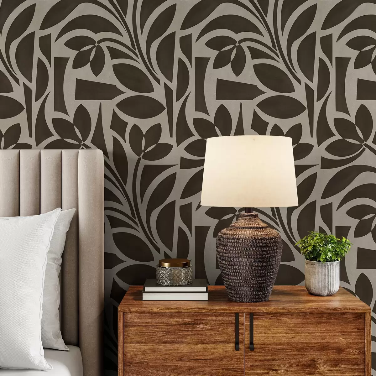 Wallpaper Geometric leaf silhouettes, dark brown on beige a00679v1