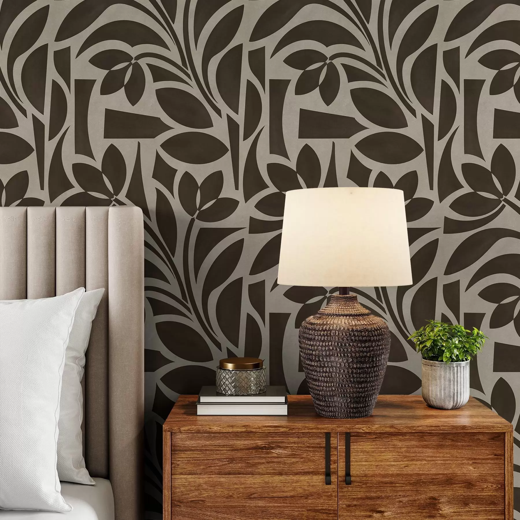 wall murals Geometric leaf silhouettes, dark brown on beige a00679v1