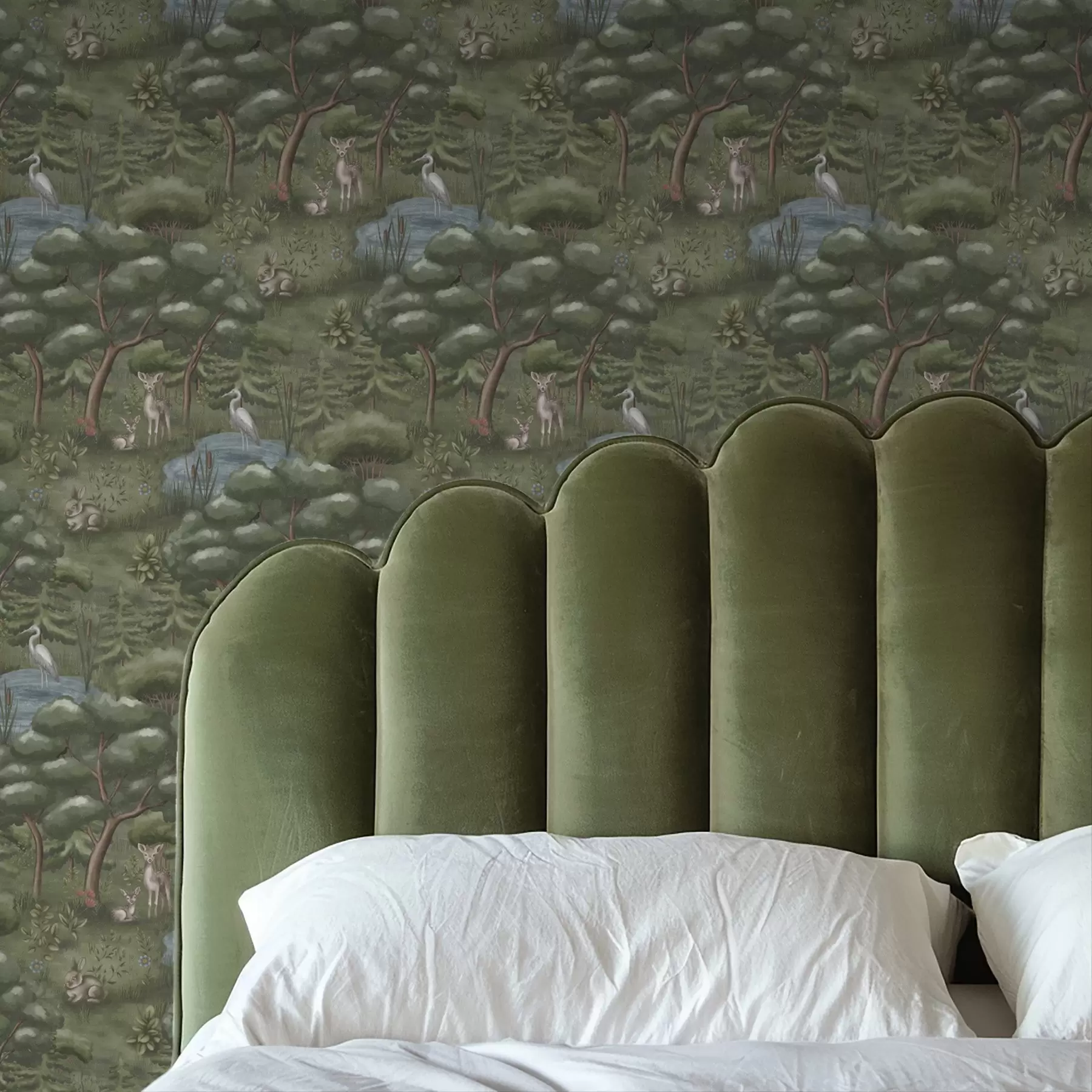 wall murals Forest glade with fawns, rabbits and herons a00680