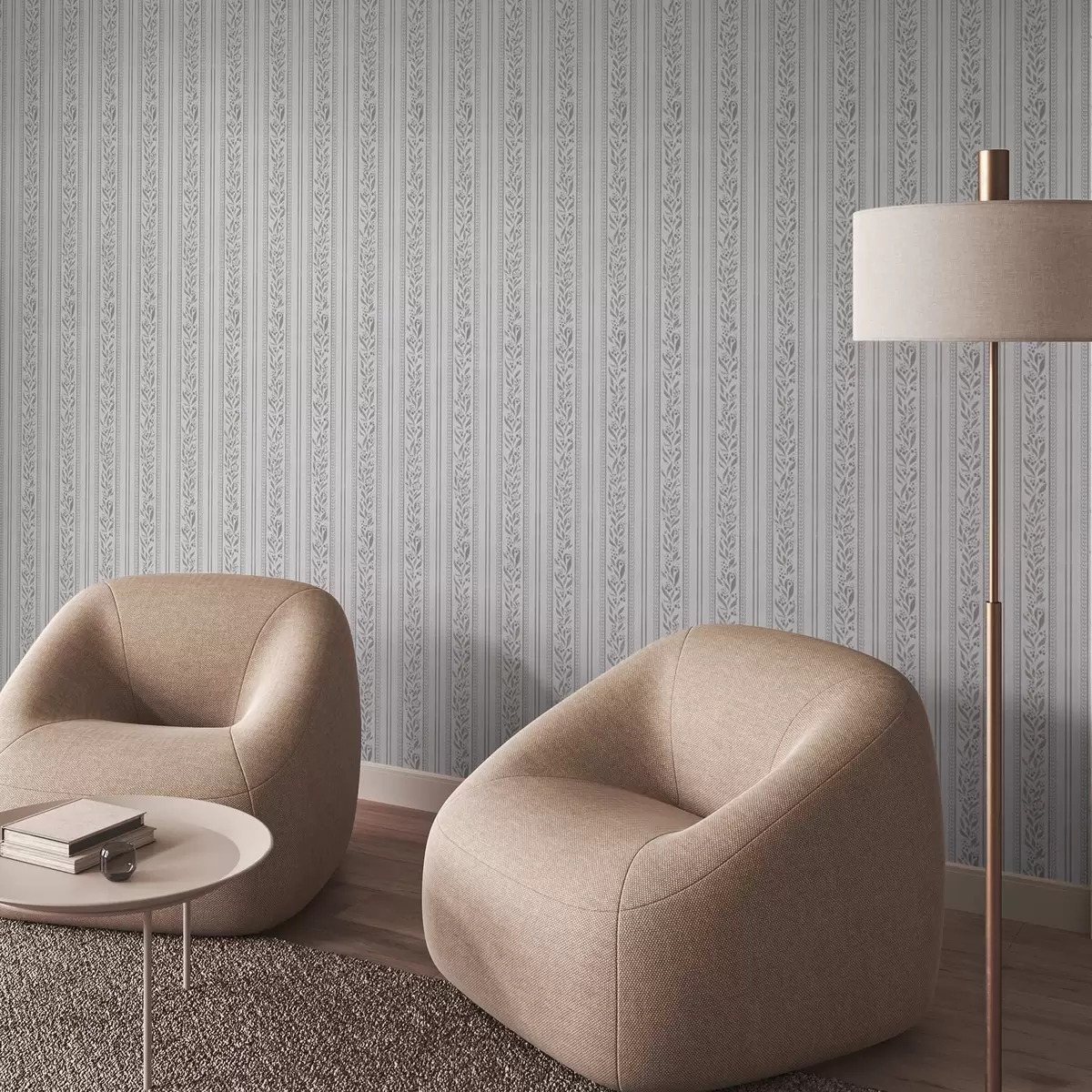 Wallpaper Stripes with lace and sprigs on cool white a00814v1