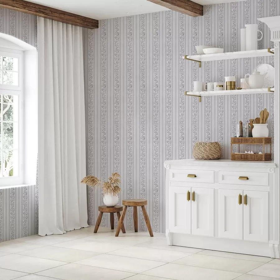 wall murals Stripes with lace and sprigs on cool white a00814v1