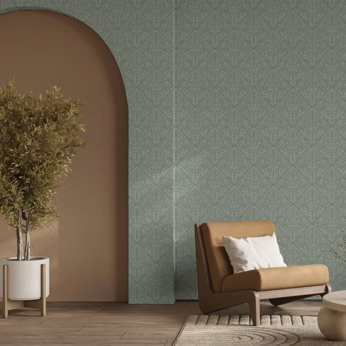 Wallpaper Botanical damask on mint-olive background a00815