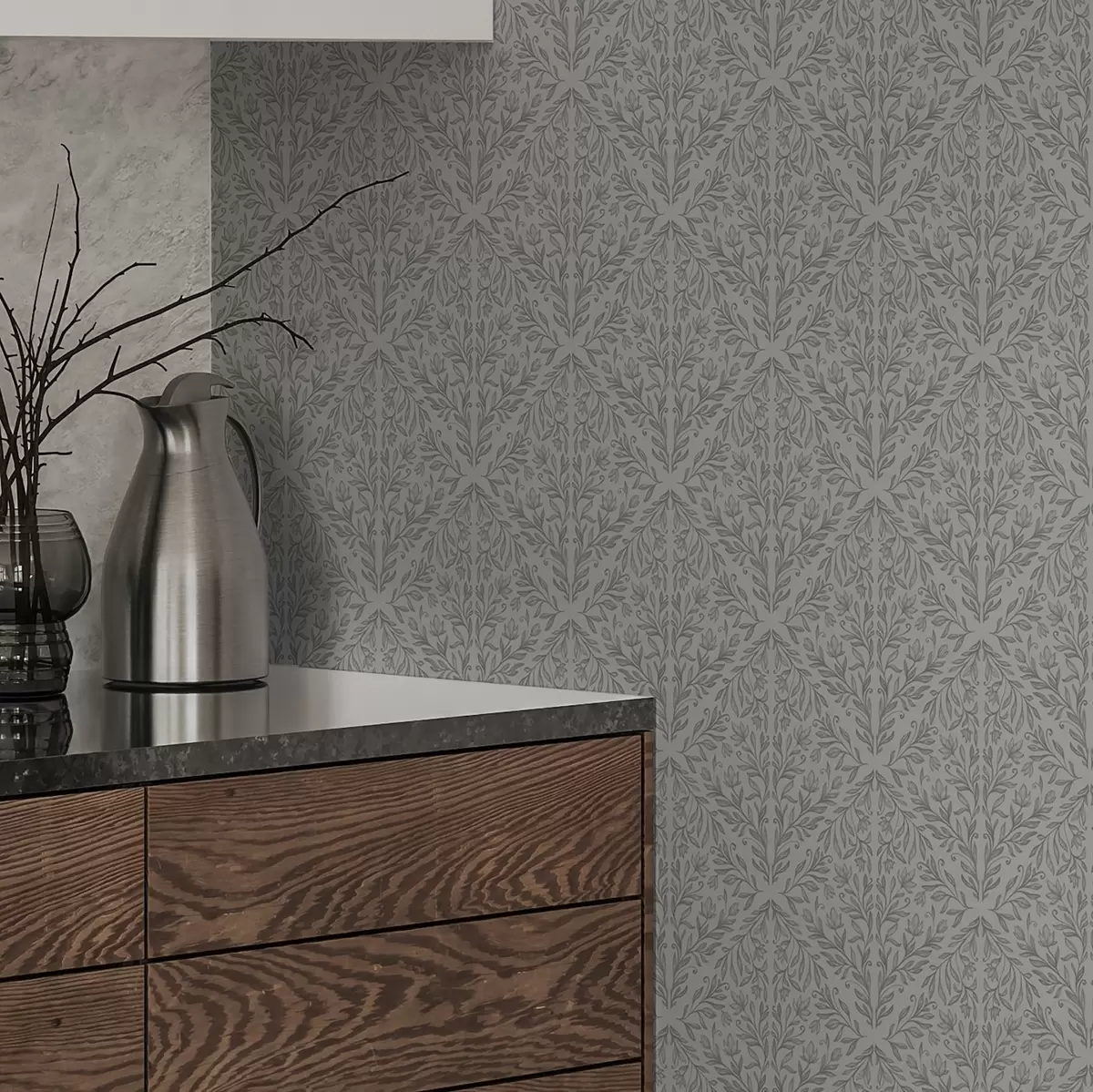 Wallpaper Botanical damask in light gray with soft outline a00815v2