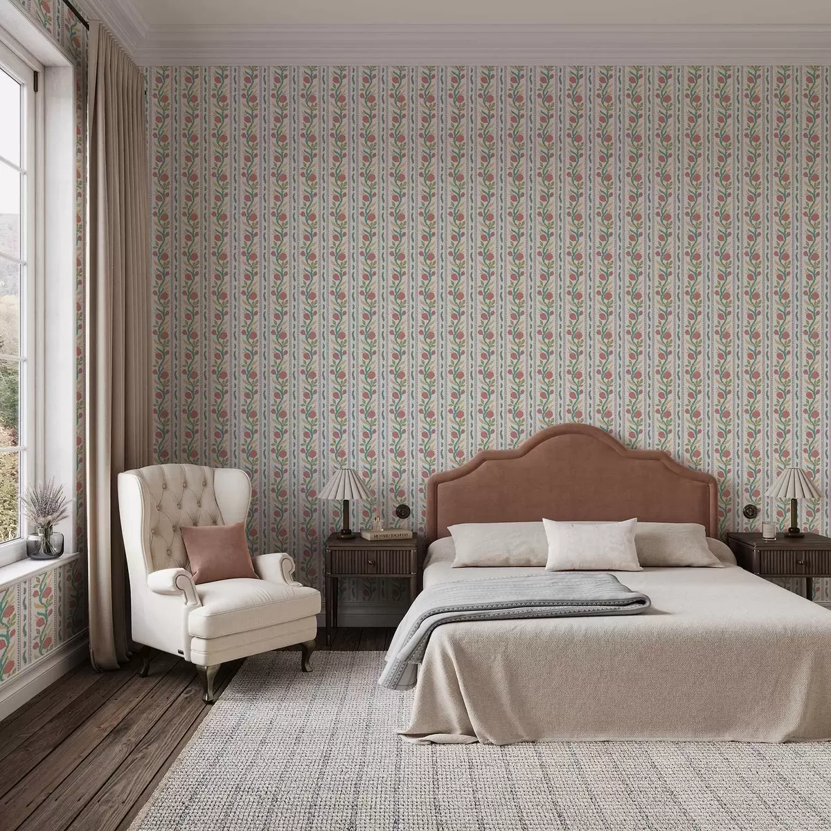 Wallpaper Vertical stripes with coral flowers and turquoise leaves a00816