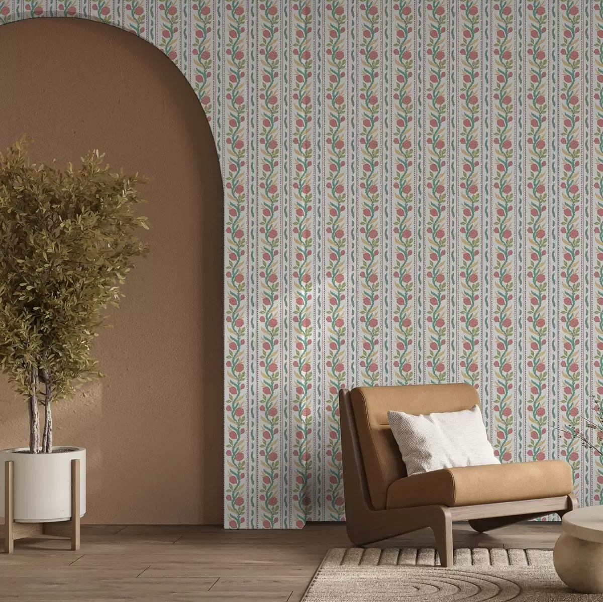 Wallpaper Vertical stripes with coral flowers and turquoise leaves a00816