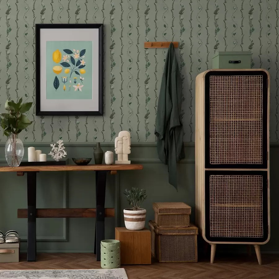 wall murals Vertical vines and sprigs on muted green a00817v1