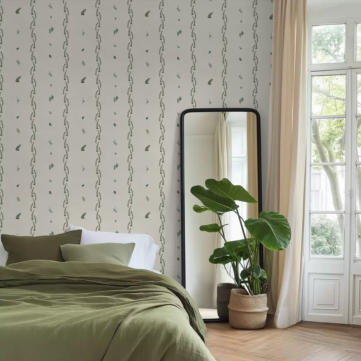 Wallpaper Sparse green shoots in a vertical rhythm, cream ground a00818