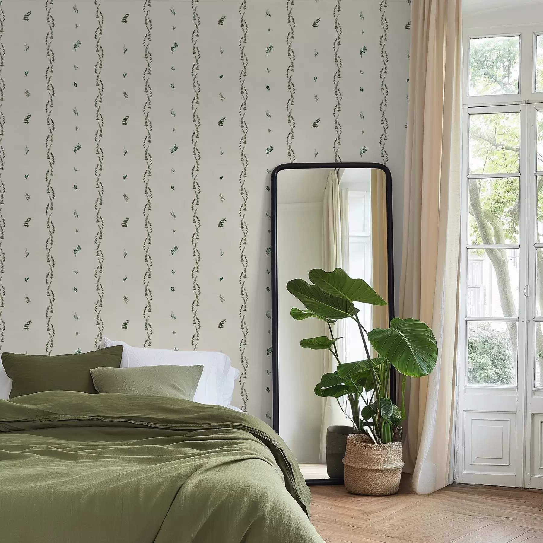 wall murals Sparse green shoots in a vertical rhythm, cream ground a00818