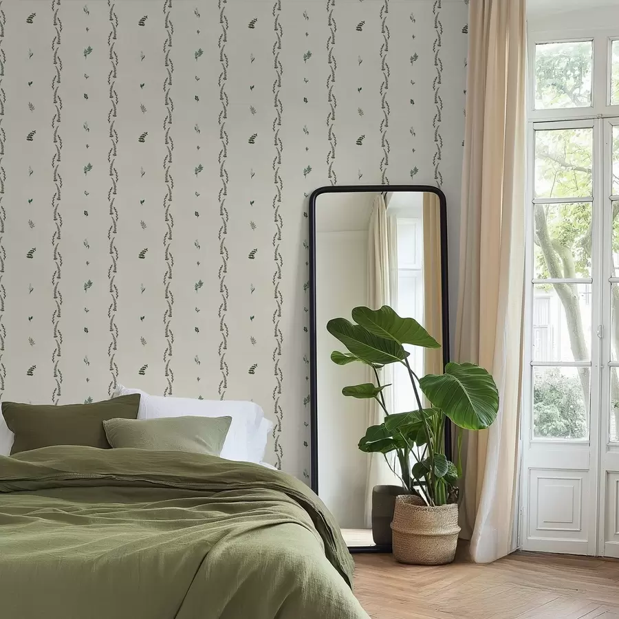 wall murals Sparse green shoots in a vertical rhythm, cream ground a00818
