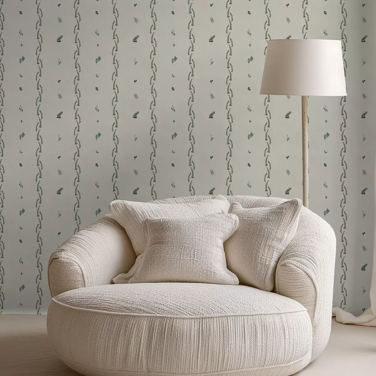 Wallpaper Sparse green shoots in a vertical rhythm, cream ground a00818