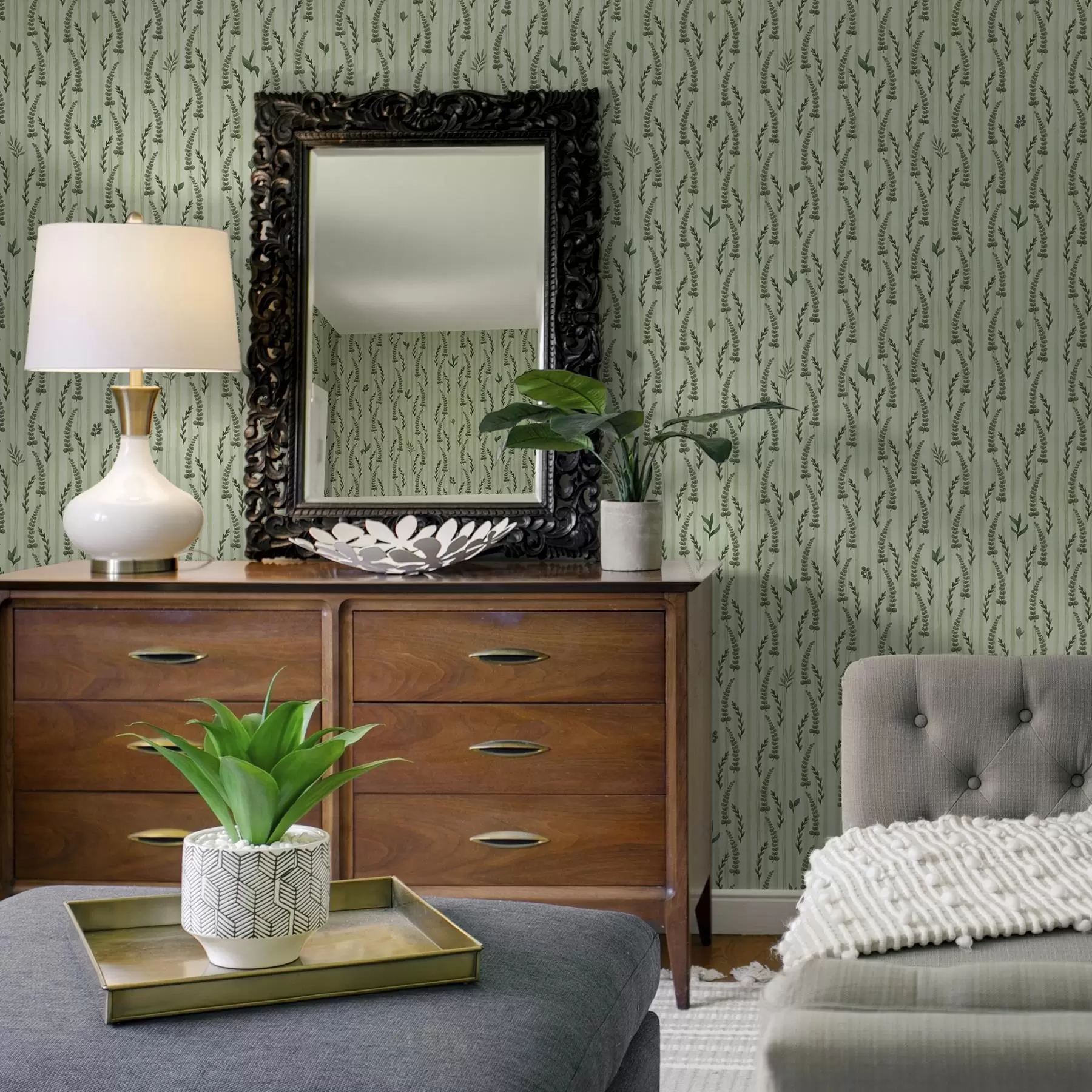 wall murals Dense green grasses and shoots on mint with stripes a00819