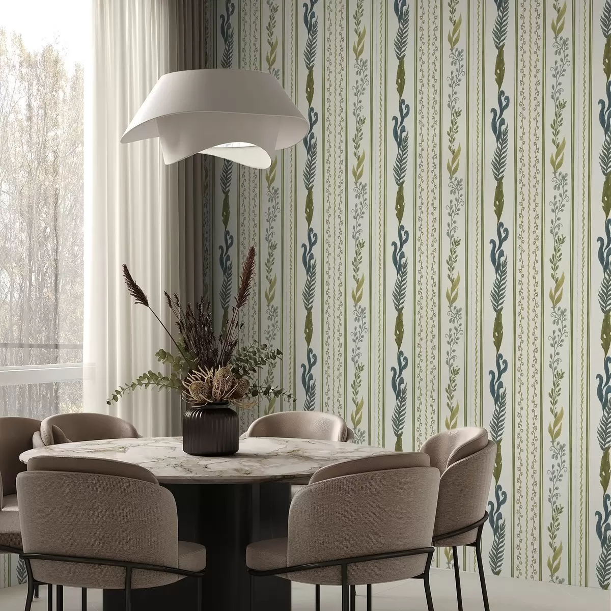 Wallpaper Stripes with scroll ornament and large branches in greens a00823