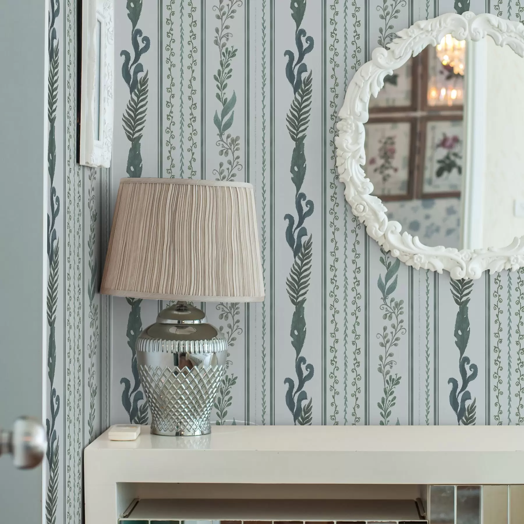 wall murals Stripes with branches and curls on cool light blue a00823v1