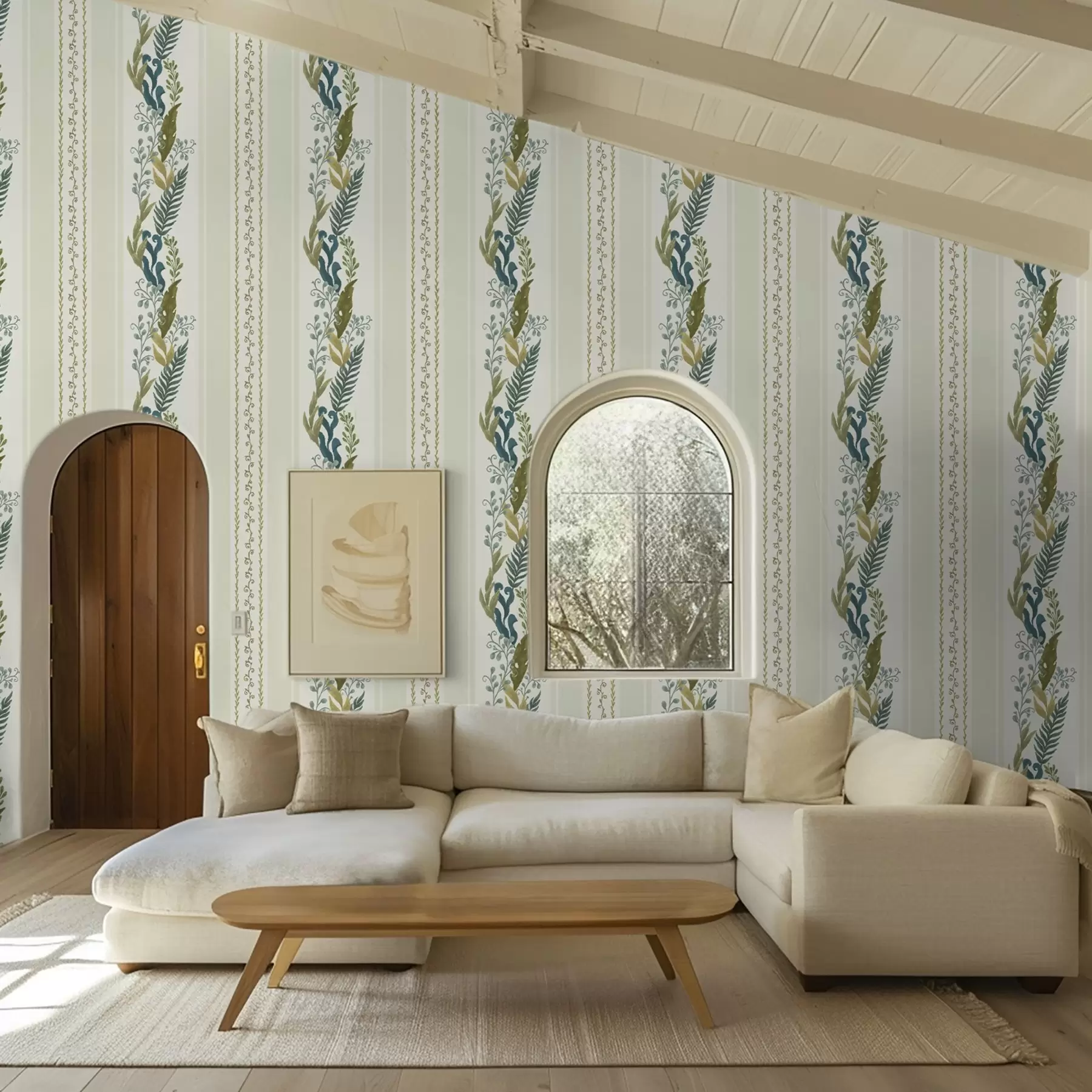 wall murals Wide stripes with painterly branches in blue-olive tones a00825