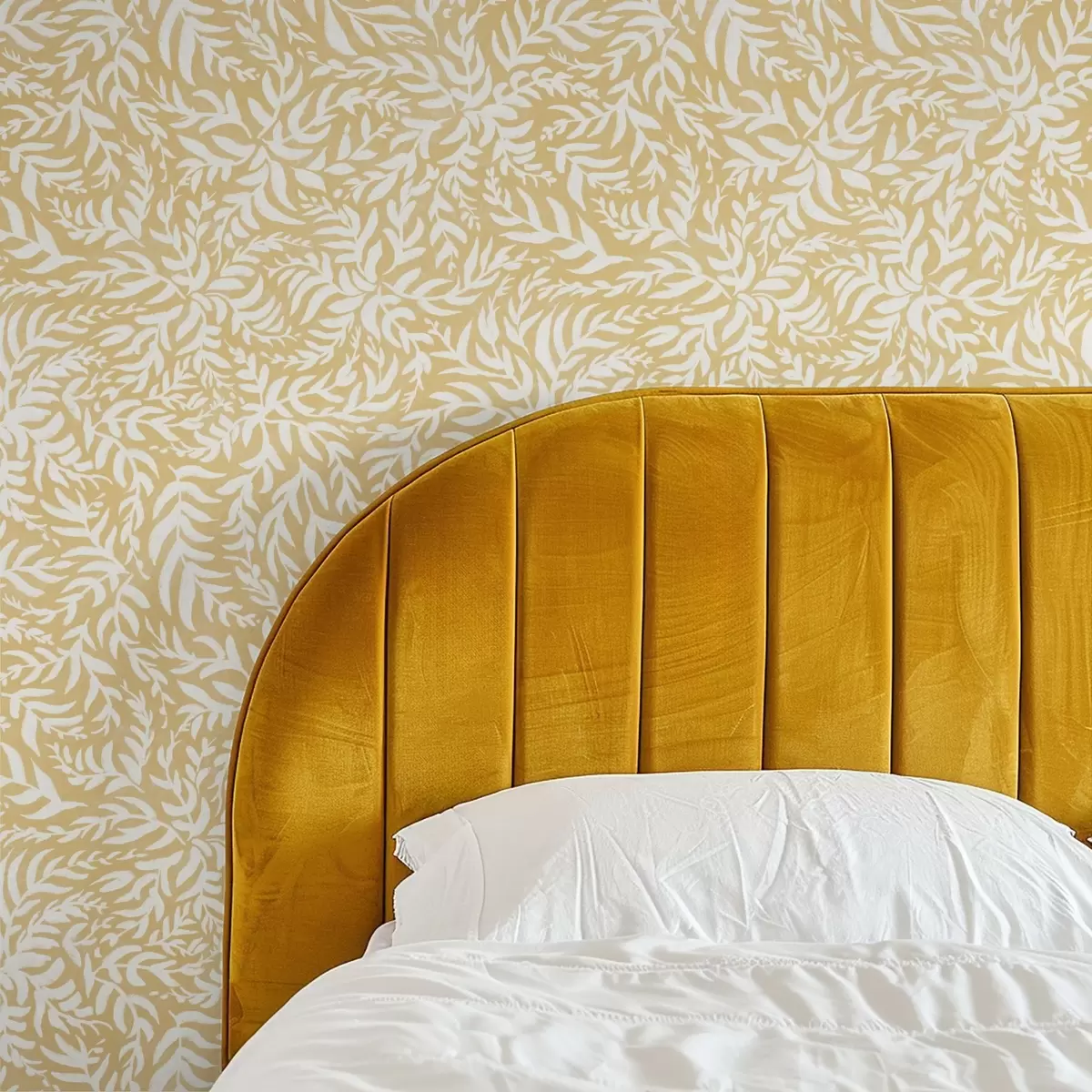 Wallpaper White leaf pattern on warm ochre, swirling rhythm a00845