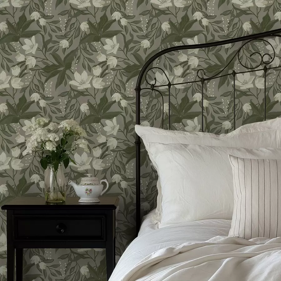 wall murals Pale lilies and foliage on gray-olive a00854