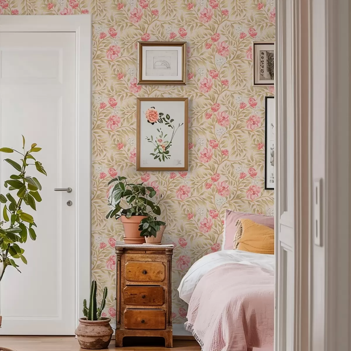 Wallpaper Pink flowers, white blossom and ochre-toned foliage a00855