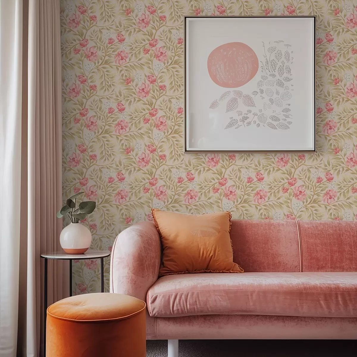 Wallpaper Pink flowers, white blossom and ochre-toned foliage a00855