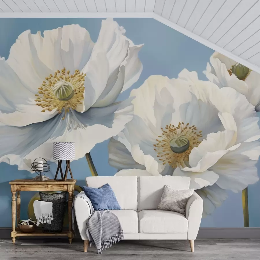 wall murals White poppies with large petals on a sky-blue background w04786