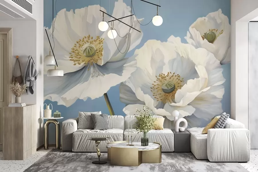 wall murals White poppies with large petals on a sky-blue background w04786